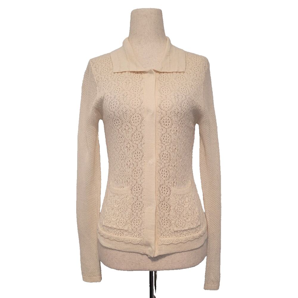 Chelsea & Violet Wool Blend Open Knit Collared Cardigan Size S Beige Preppy